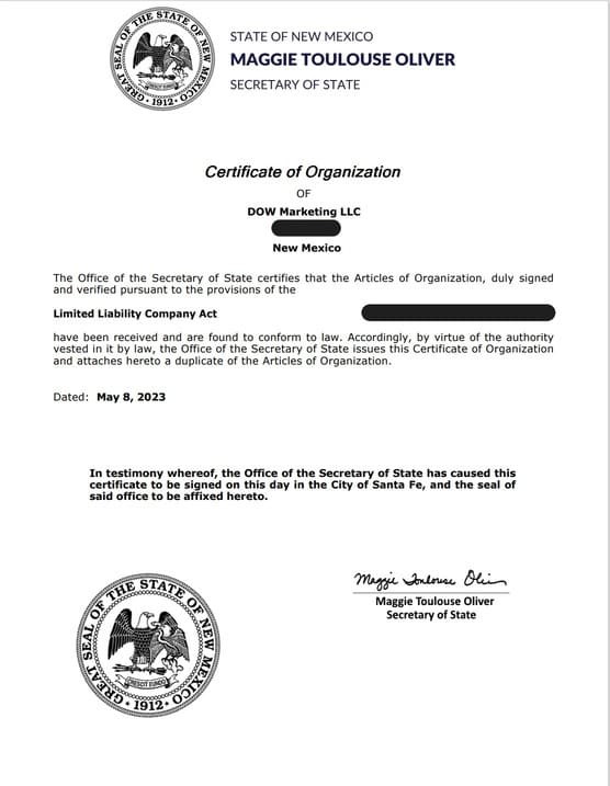 LLC certificate